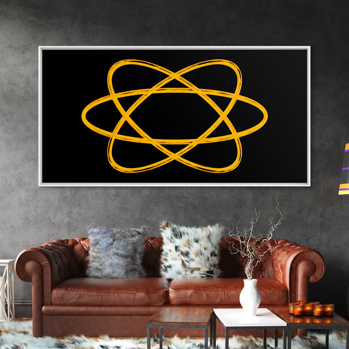 Golden Atomic Orbit Lines On Black Canvas Print, Midcentury Modern Abstract Wall Art, Retro Space Poster, Office Decor, Geek Decor