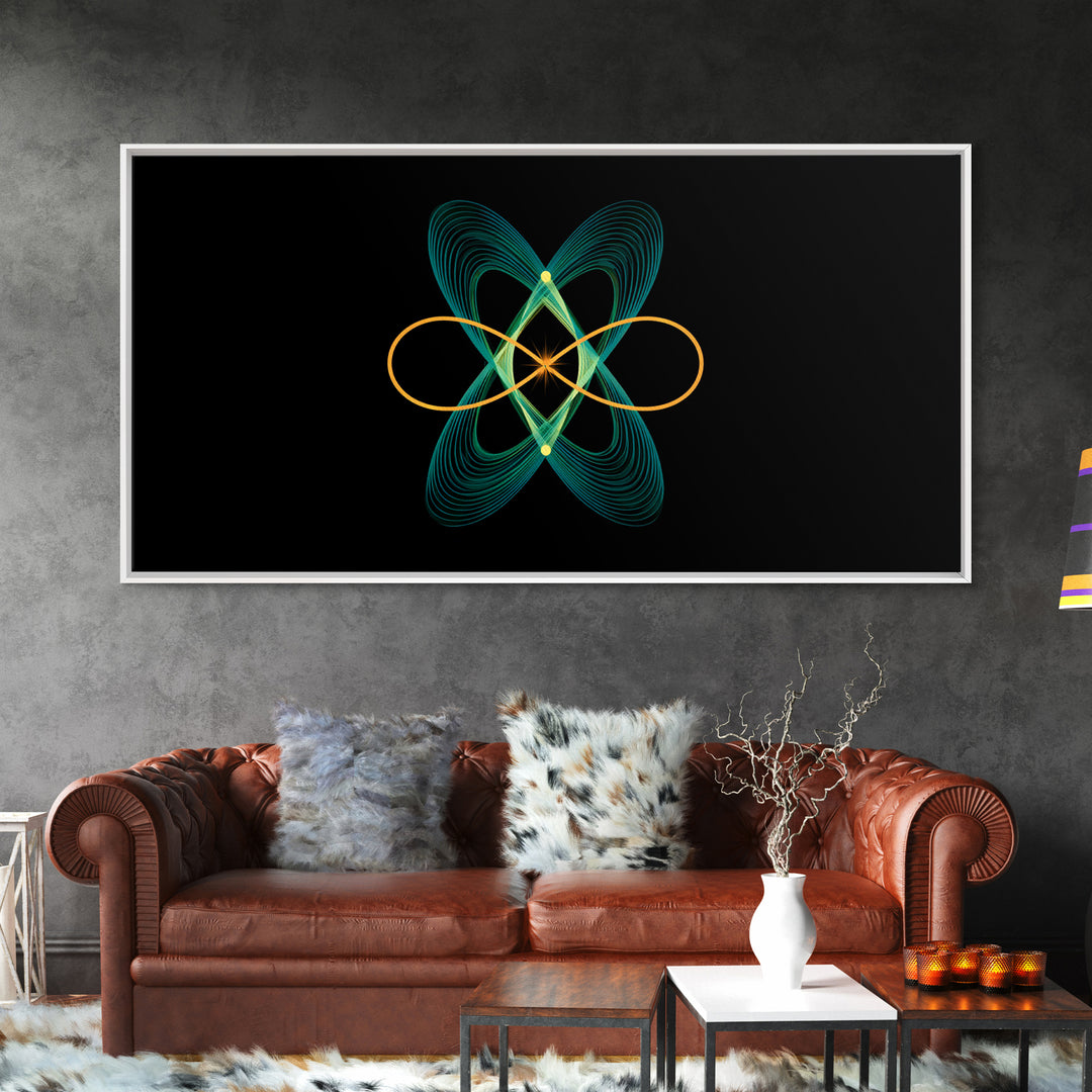 Teal And Gold Orbital Wave Lines Wall Art, Atomic Midcentury Modern Abstract Print, Black Retro Space Poster, Office Decor