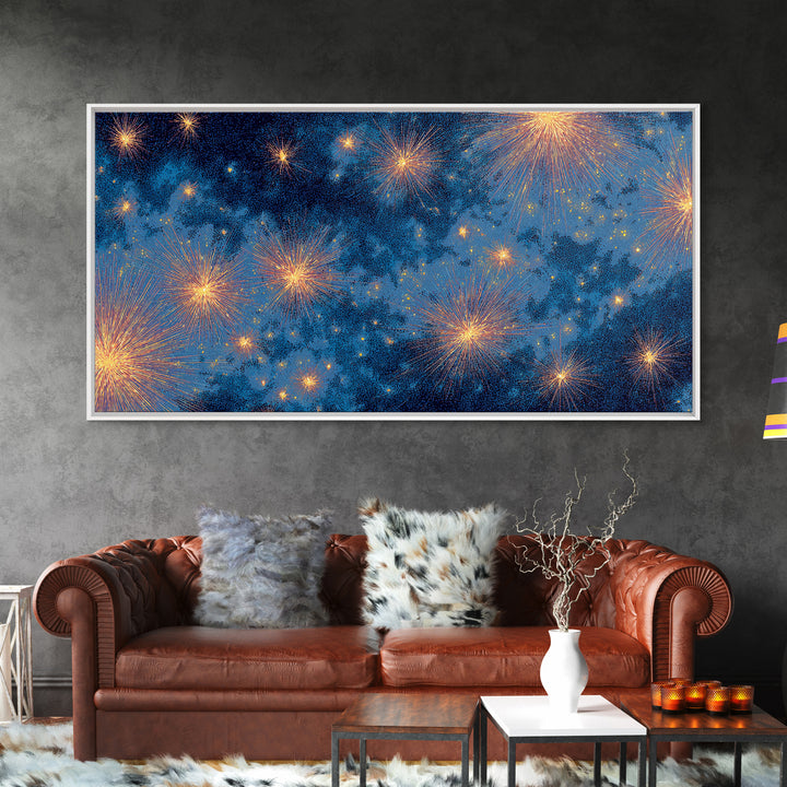 Blue Cloudy Fireworks Night Sky Canvas Print, Celestial Space Wall Art, Gold Stars Modern Decor For Bedroom Or Office Decor