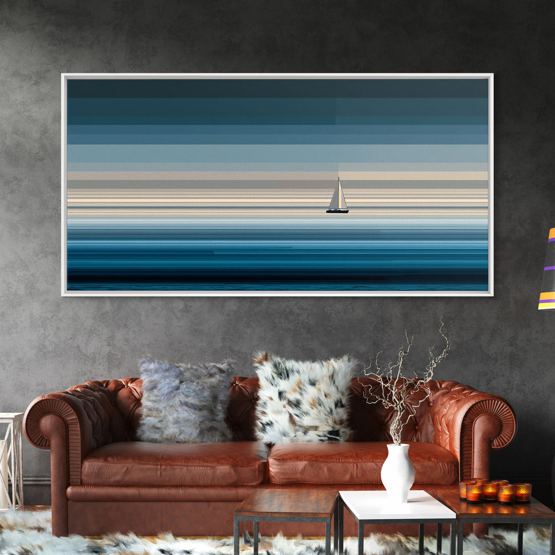 Minimal Sailboat Horizon Wall Art, Blue Ocean Seascape Print, Coastal Modern Wall Decor, Nautical Living Room Artwork Print