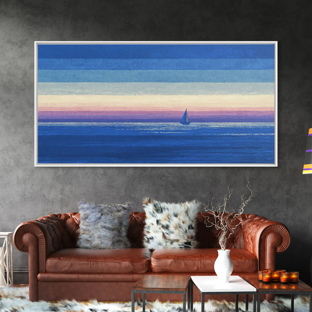 Blue Textured Sailboat Canvas Print, Ocean Sunset Seascape Wall Decor, Coastal Landscape Art For Bedroom And Lake House Decor