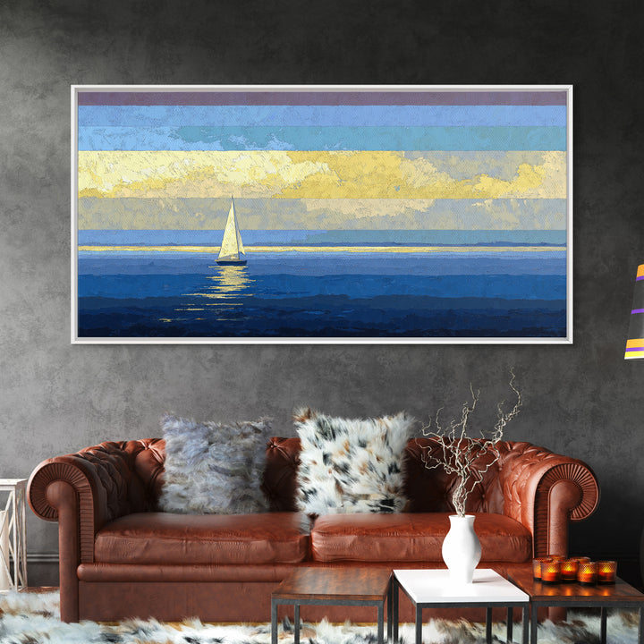 Sunlit Sailboat Seascape Framed Canvas Print, Blue Coastal Wall Art, Nautical Lake House Decor, Modern Ocean Artwork Print