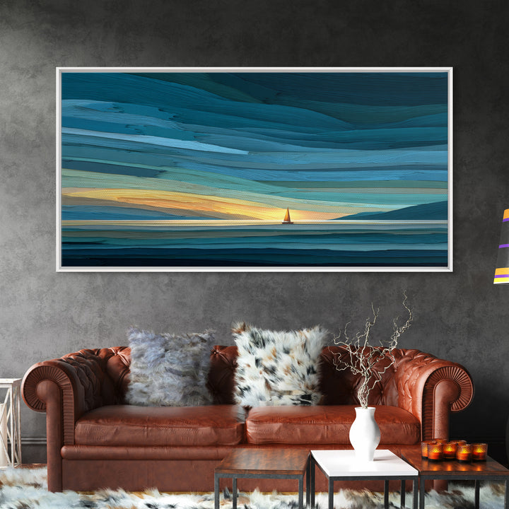 Teal Sunset Sailboat Wall Art, Dramatic Ocean Seascape Print, Coastal Modern Decor, Nautical Lake House Canvas Artwork Print