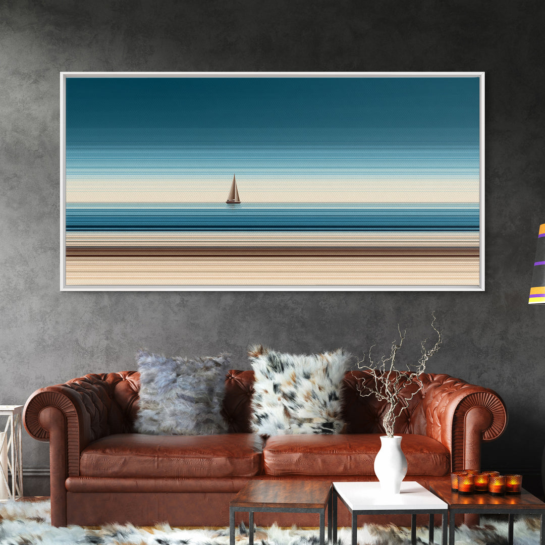 Minimalist Sailboat Horizon Canvas Print, Blue Beige Coastal Wall Art, Modern Nautical Decor For Living Room And Office Decor