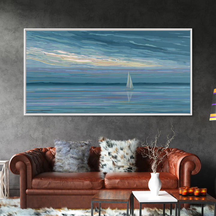 Painterly Sailboat Reflection Wall Art, Blue Coastal Seascape Print, Modern Ocean Decor, Nautical Landscape For Lake House
