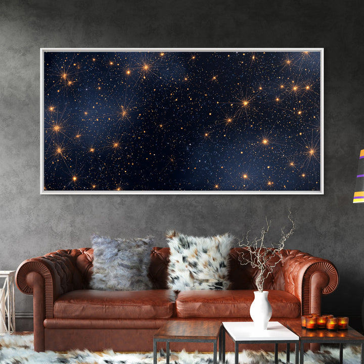 Golden Constellation Star Field Wall Art, Dark Navy Space Abstract Print, Modern Celestial Decor, Cosmic Bedroom Poster Art