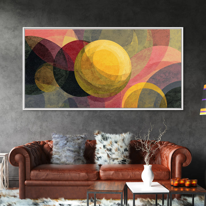 Layered Circles And Golden Orb Wall Art, Midcentury Modern Abstract Art, Retro Geometric Poster, Bold MCM Living Room Decor