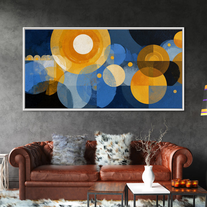 Blue Gold Atomic Circles Canvas Print, Midcentury Modern Wall Art, Geometric Abstract Poster, Retro Office Decor, MCM Home Art