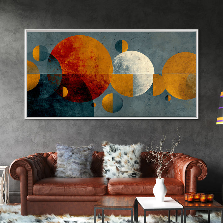 Orange Moon And White Circle Wall Art, Midcentury Modern Abstract Print, Atomic Geometric Decor, Retro Living Room Poster