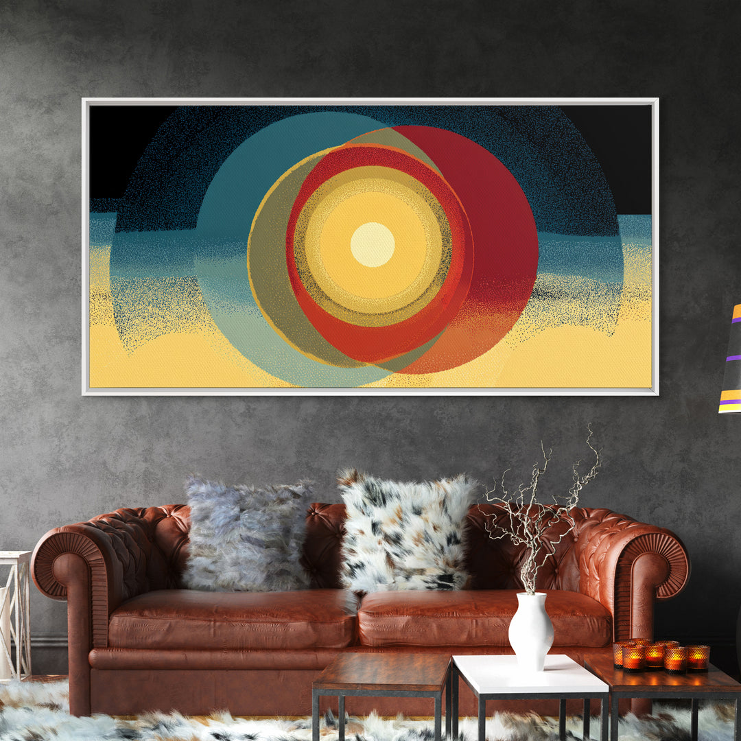 Glowing Concentric Sun Wall Art, Midcentury Modern Canvas Print, Retro Geometric Poster, Atomic Horizon Home Office Decor