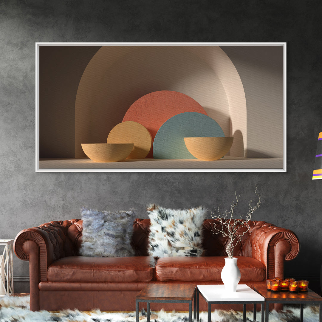 Minimalist Bowls In Arched Alcove Framed Canvas Print, Midcentury Modern Wall Art, Neutral Boho Decor, MCM Still Life Art