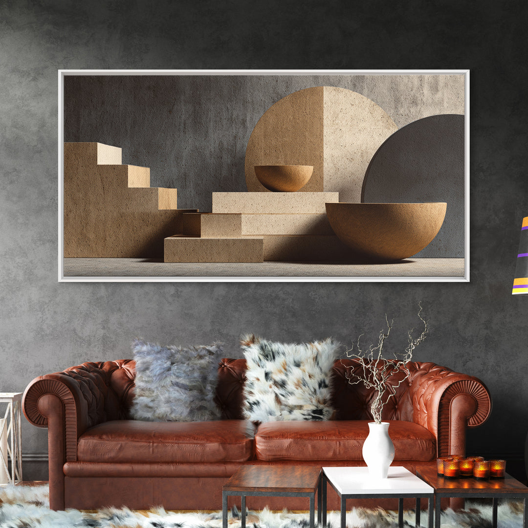 Architectural Stairs And Stone Bowls Wall Art, Framed Canvas Print, Midcentury Modern Decor, Neutral Abstract Home Office Art