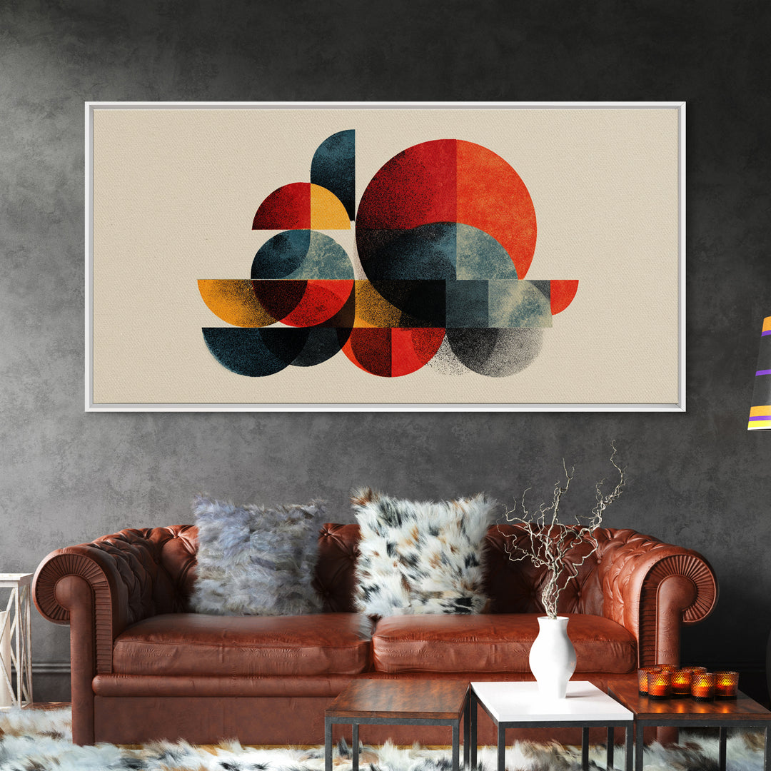 Red Teal Mustard Geometric Shapes Canvas Print, Midcentury Modern Wall Art, Bauhaus Abstract Poster, Bold Retro MCM Home Decor