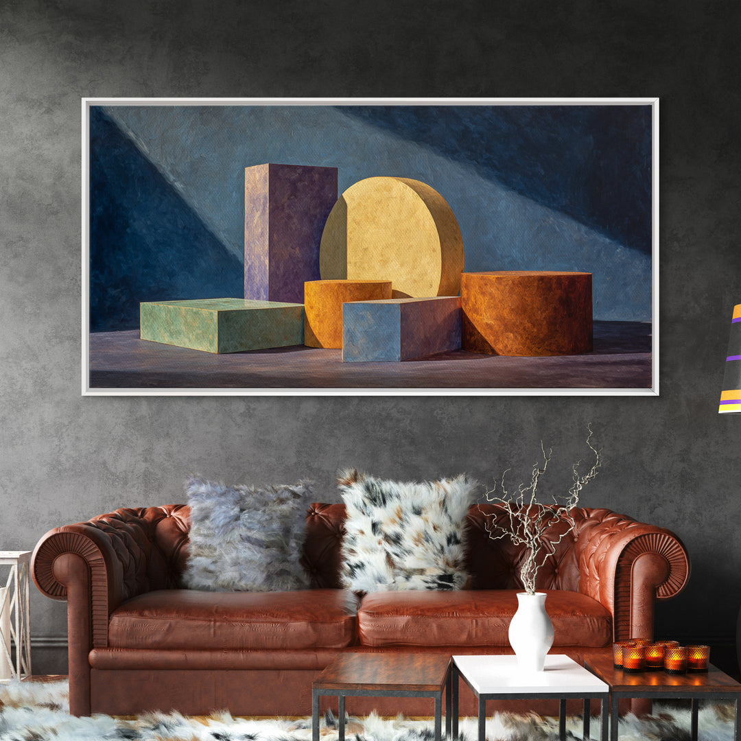 Colorful Blocks And Cylinders Still Life Wall Art, Framed Canvas Print, Modern Abstract Decor, Gallery Wall Office Poster