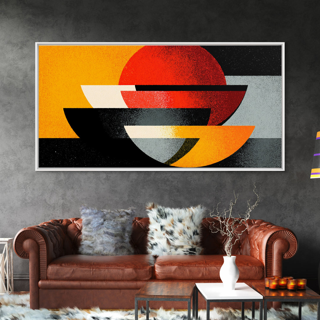 Red Sun And Black Bowls Wall Art, Midcentury Modern Canvas Print, Retro Geometric Abstract Poster, Orange MCM Home Decor