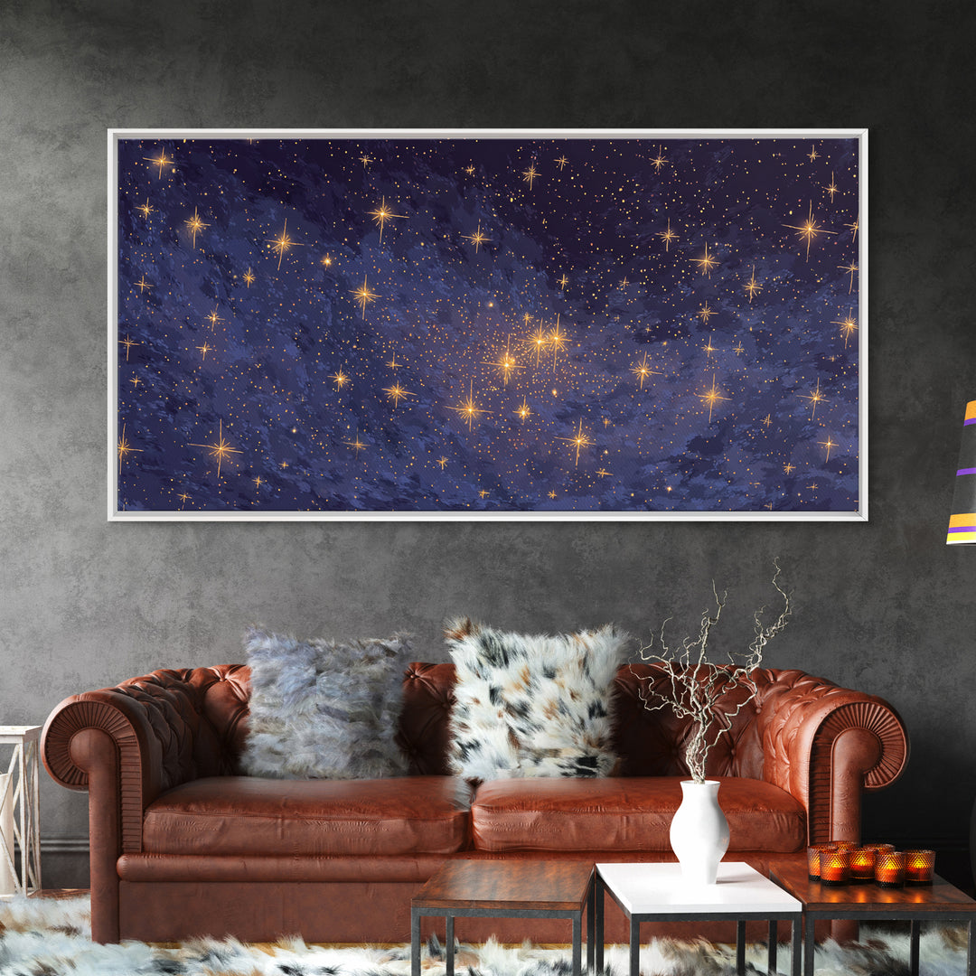 Purple Blue Galaxy Star Cloud Framed Canvas Print, Celestial Space Wall Art, Modern Cosmic Decor For Bedroom Or Office Decor