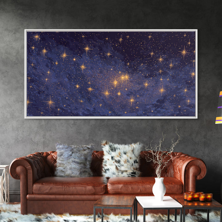 Purple Blue Galaxy Star Cloud Framed Canvas Print, Celestial Space Wall Art, Modern Cosmic Decor For Bedroom Or Office Decor