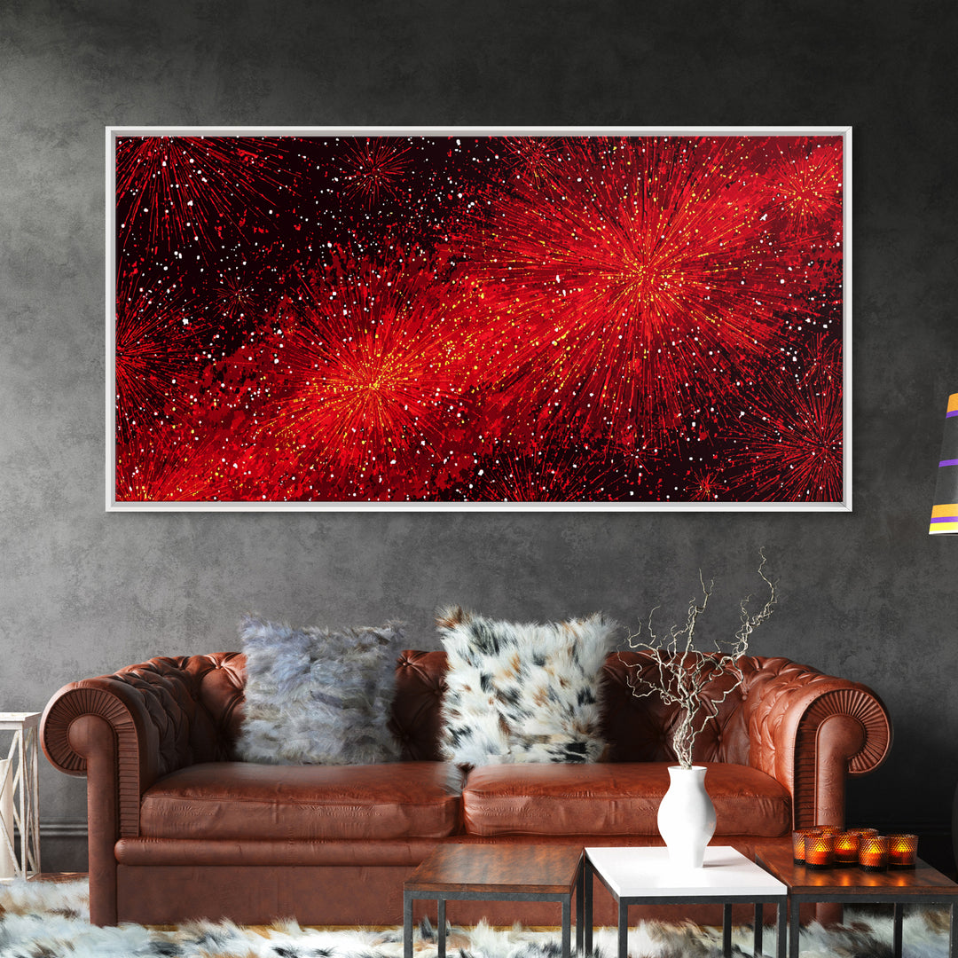 Fiery Red Starburst Fireworks Wall Art, Retro Atomic Mid Century Modern Decor, Bold Abstract Print For Living Room Or Office