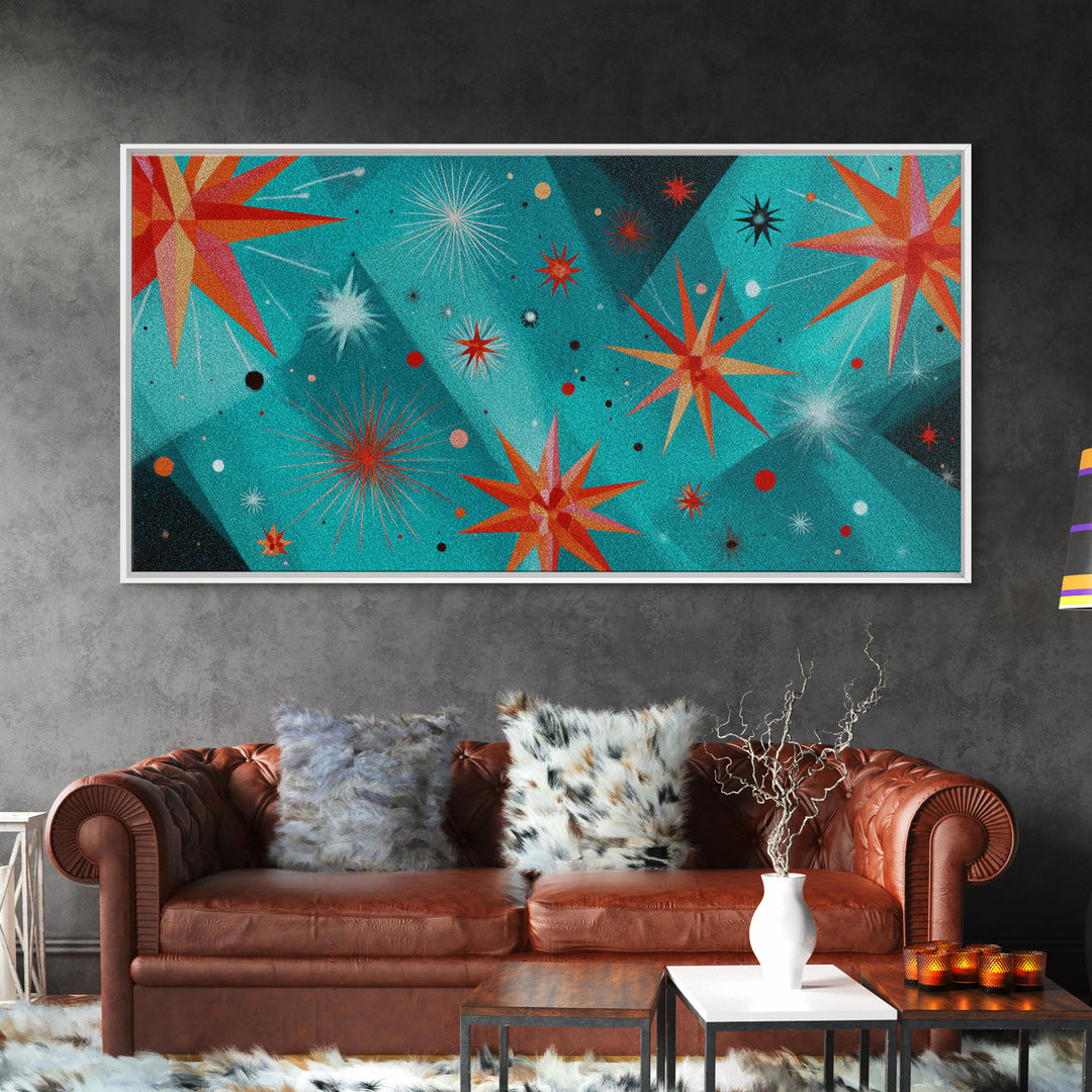 Turquoise Atomic Starburst Wall Art, Mid Century Modern Decor, Retro 50s Space Abstract Print For Living Room And Office