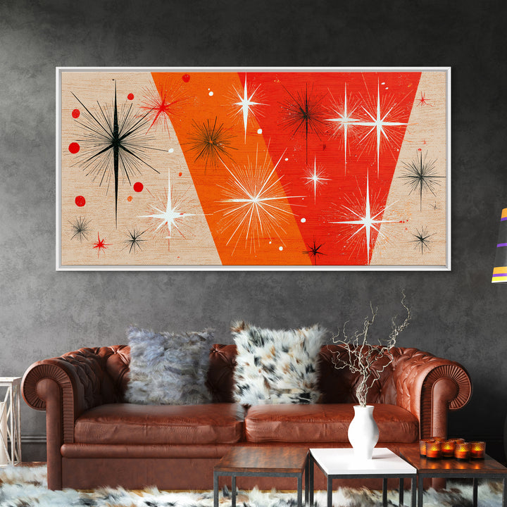 Orange Atomic Starburst Framed Canvas Print, Mid Century Modern Wall Decor, Retro Geometric Abstract Art For Bedroom Or Office