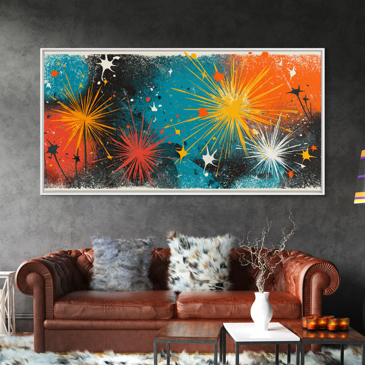 Teal Orange Splatter Starburst Wall Art, Atomic Mid Century Modern Decor, Retro Abstract Print For Living Room Or Office Decor