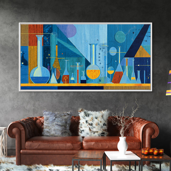 Blue Glass Chemistry Still Life Wall Art, Mid Century Modern Decor, Retro Science Canvas Print For Office Studio Or Kitchen