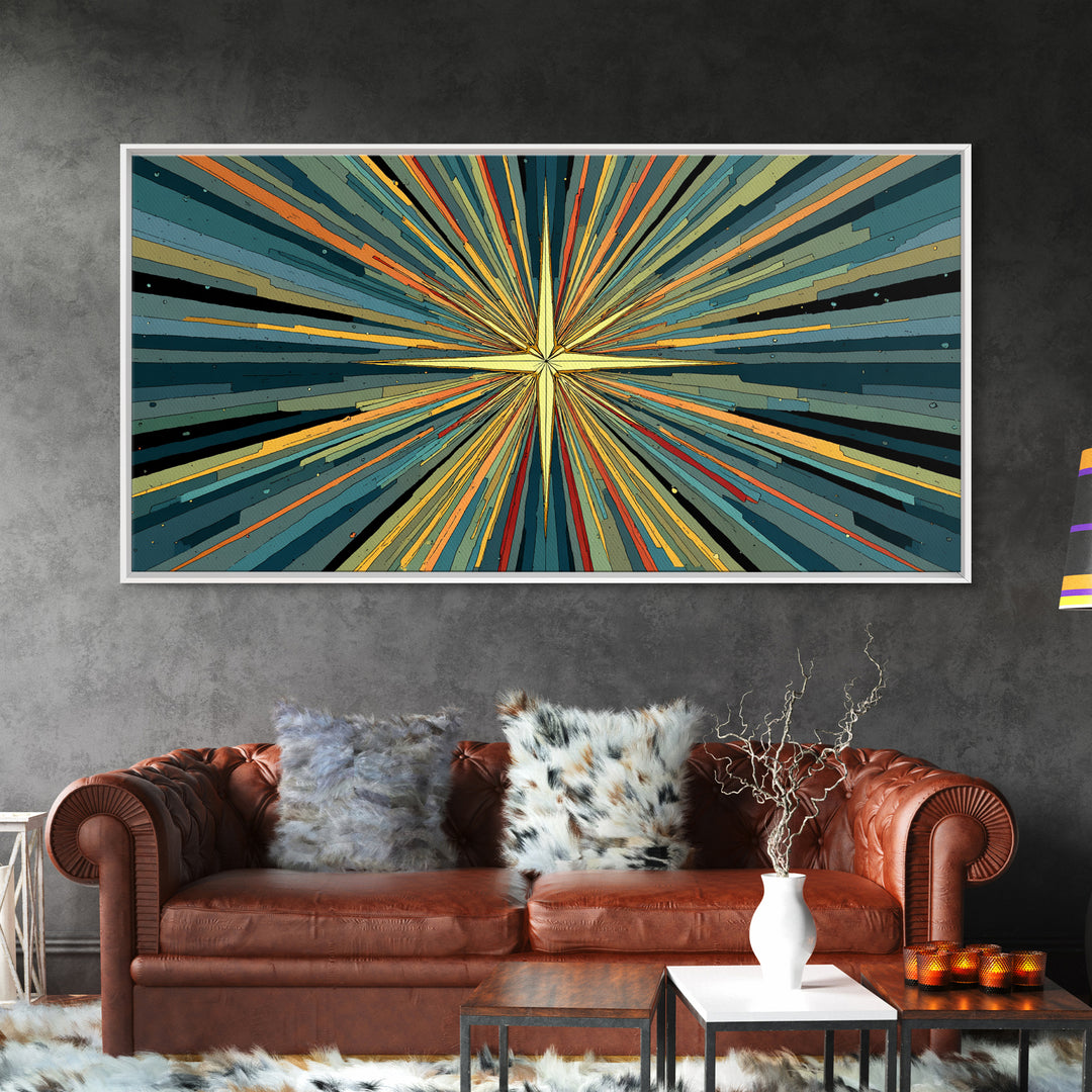 Teal Orange Atomic Starburst Wall Art, Midcentury Modern Abstract Print, Retro Geometric MCM Artwork For Living Room Decor