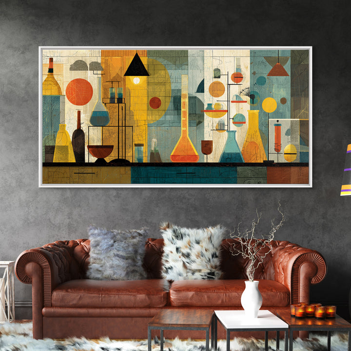 Yellow Teal Laboratory Still Life Framed Canvas Print, Mid Century Modern Wall Decor, Retro Science Art For Home Office Decor