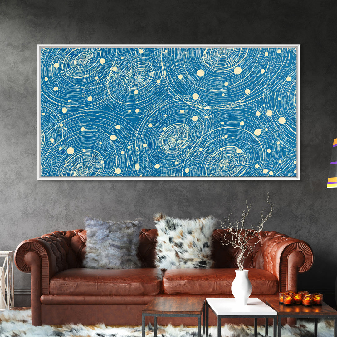 Blue Swirling Star Field Framed Canvas Print, Midcentury Modern Wall Art, Retro Abstract Poster, Cosmic Home Decor, MCM Office Decor