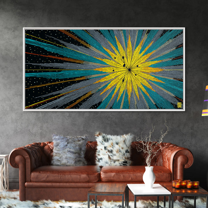Yellow Teal Cosmic Starburst Canvas Print, Midcentury Modern Space Abstract Wall Art, Atomic Retro MCM Home Decor For Office Decor