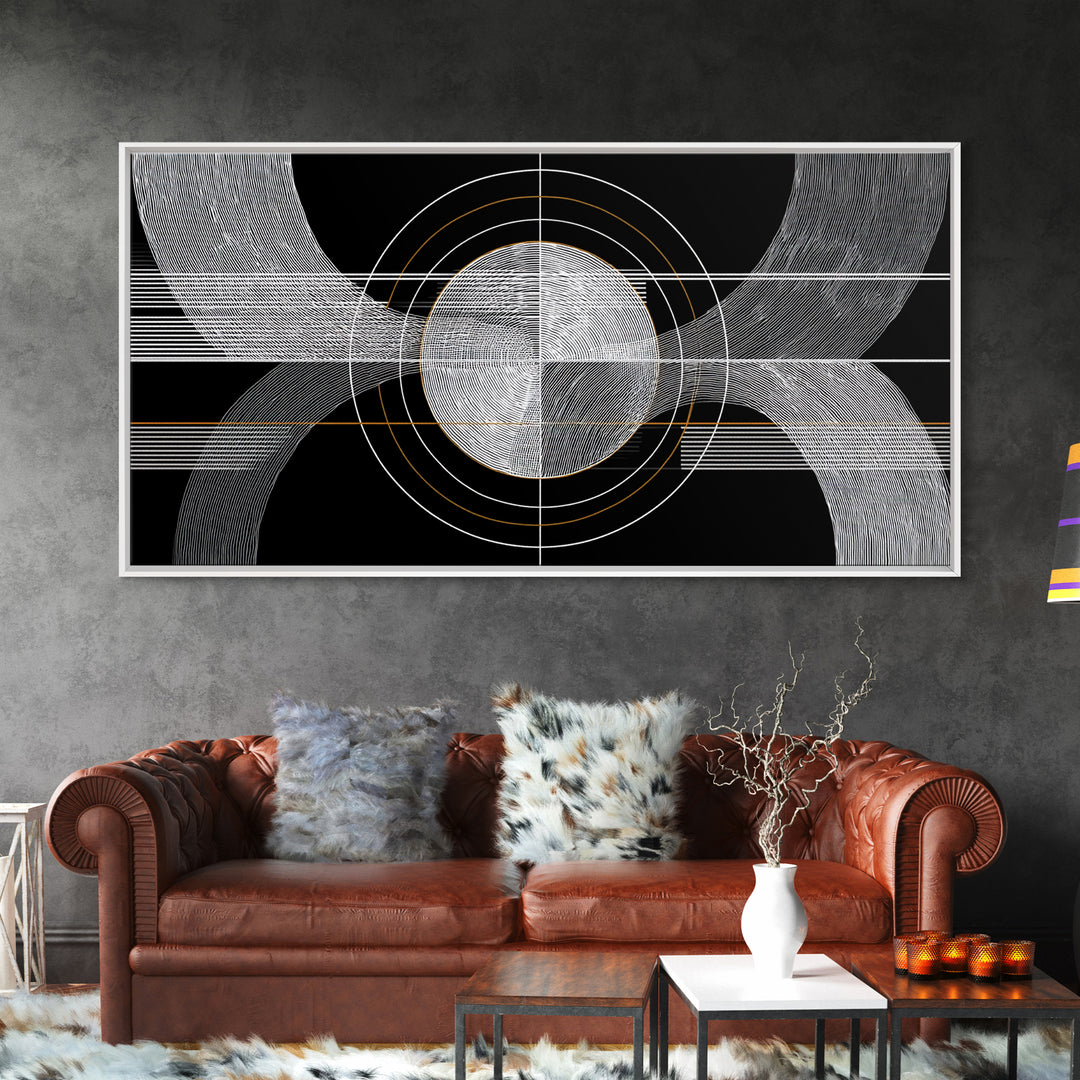Black White Orbital Waves Framed Canvas Print, Midcentury Modern Wall Art, Geometric Abstract Poster, MCM Home Decor, Gold Accent