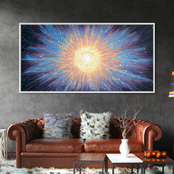 Electric Solar Burst With Rainbow Lines Canvas Print, Space Abstract Art, Modern Wall Art, Colorful Sci Fi Decor Gift Idea
