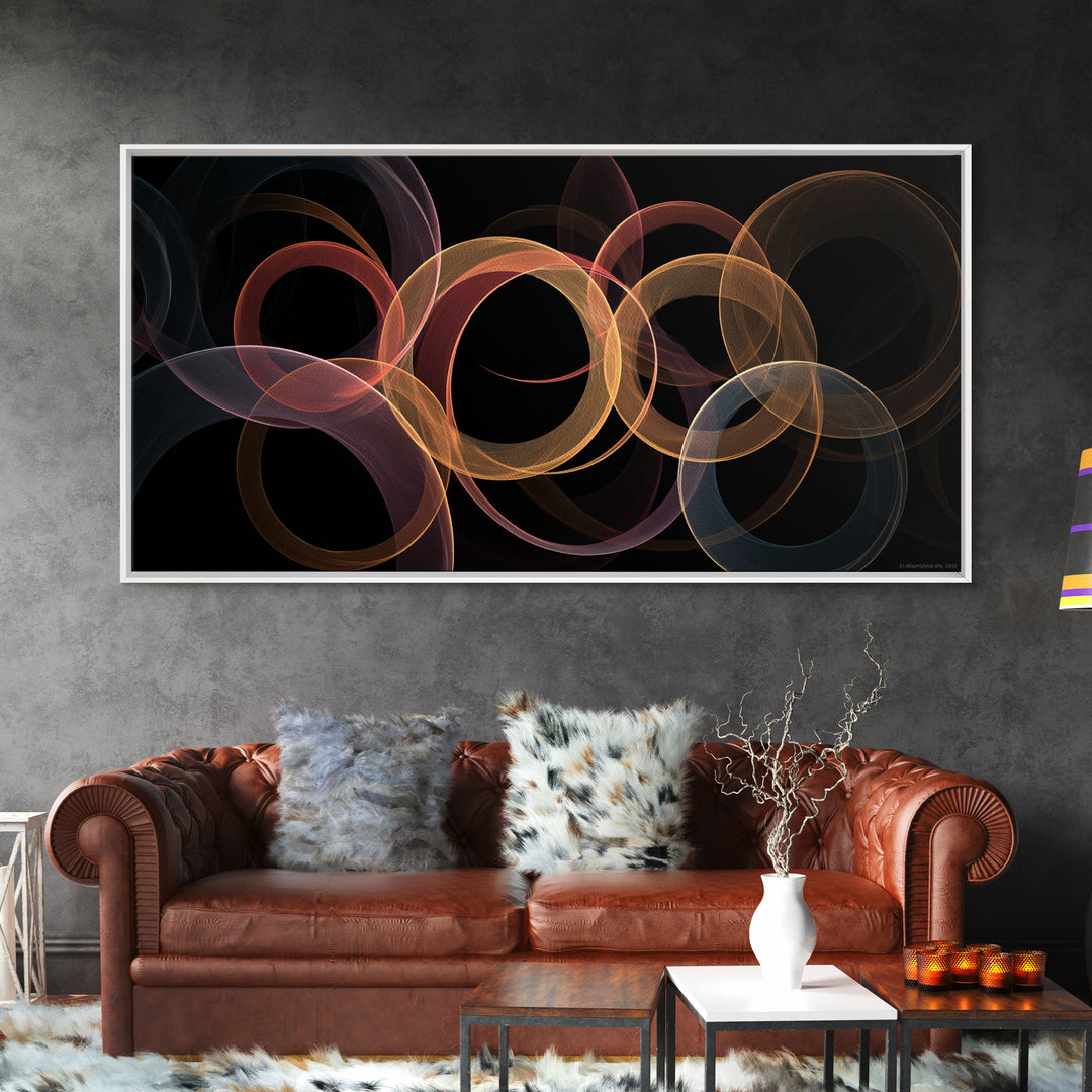 Glowing Transparent Orbital Rings Abstract Wall Art, Midcentury Modern Geometric Poster, Retro MCM Wall Decor, Large Canvas Print
