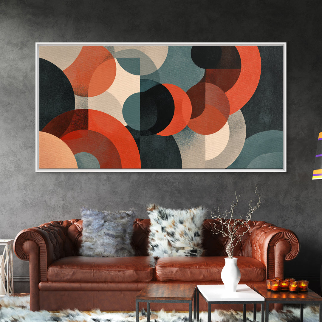 Rust Teal Cream Overlapping Circle Abstract Canvas Print, Midcentury Modern Wall Art, Retro Geometric Decor, Large MCM Poster