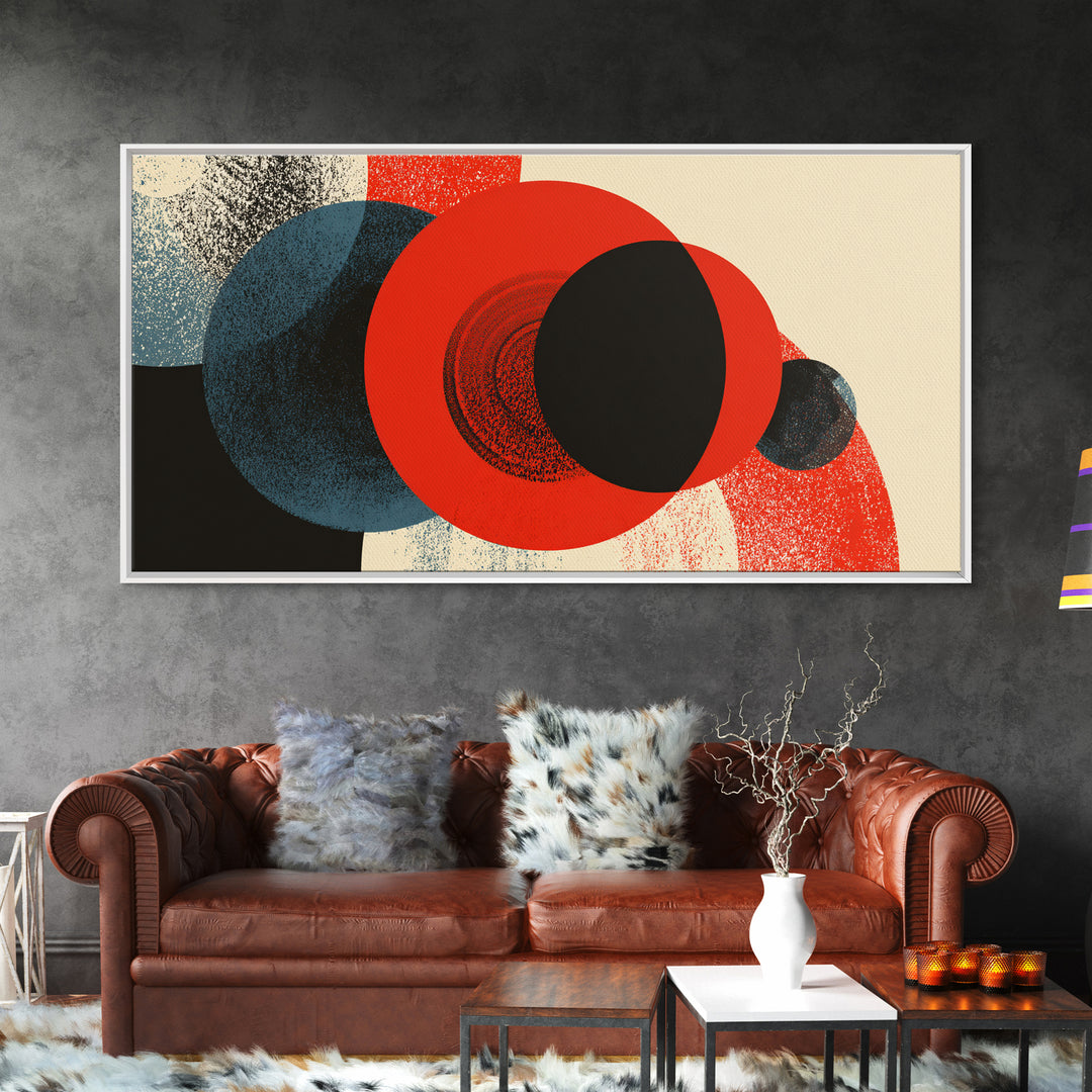 Bold Red Black And Blue Circle Collision Wall Art, Midcentury Modern Abstract Poster, Geometric MCM Decor, Large Canvas Print