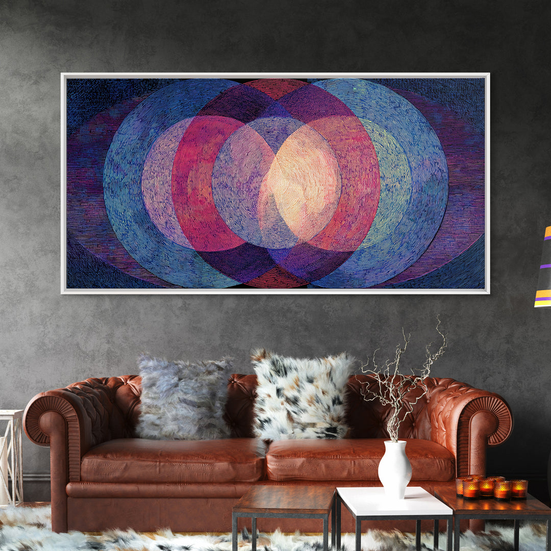 Textured Blue Pink Moire Oval Rings Wall Art, Midcentury Modern Abstract Art Print, Op Art Poster, Retro Geometric MCM Decor