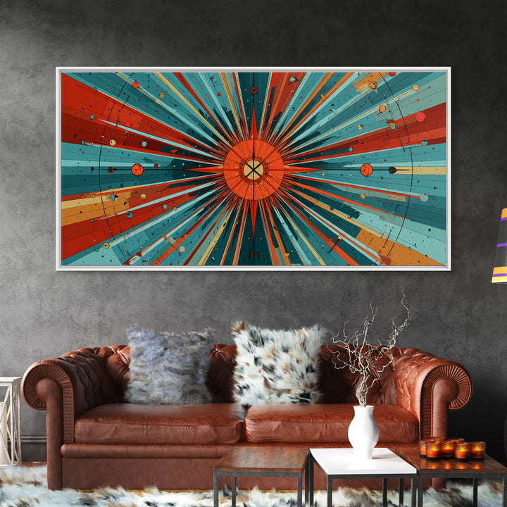 Orange Teal Cosmic Sunburst Canvas Print, Midcentury Modern Art, Retro Atomic Poster, Bold Geometric Wall Decor, 1950s Space Print