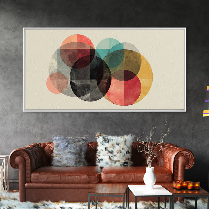 Neutral Black Red Yellow Circle Cluster Framed Canvas Print, Midcentury Modern Wall Art, Retro Geometric Poster, MCM Home Decor