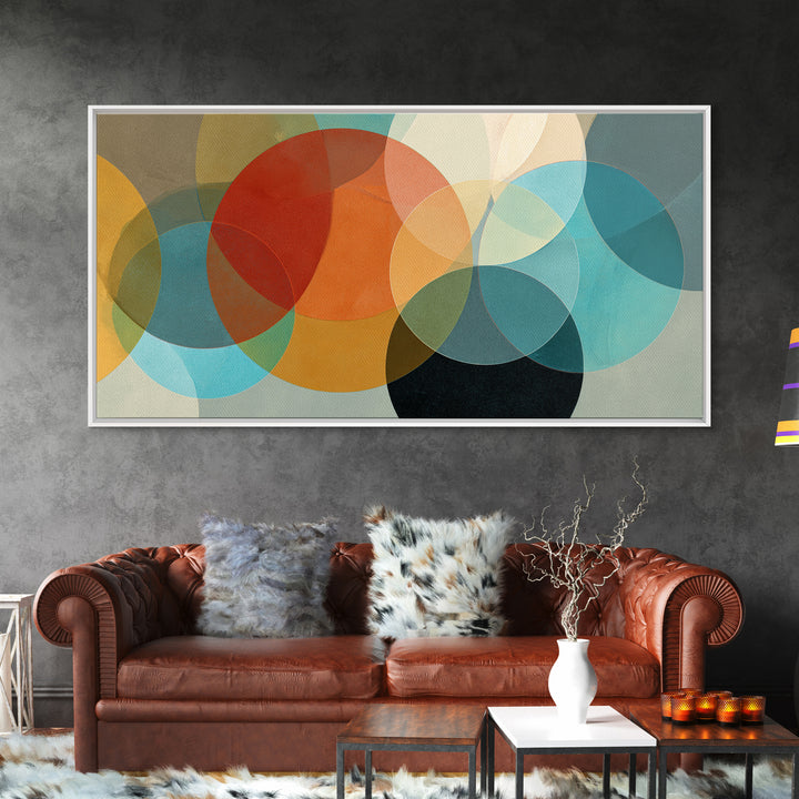 Overlapping Retro Circles Abstract In Teal Orange Mustard Wall Art, Mid Century Modern Print, Geometric MCM Living Room Decor
