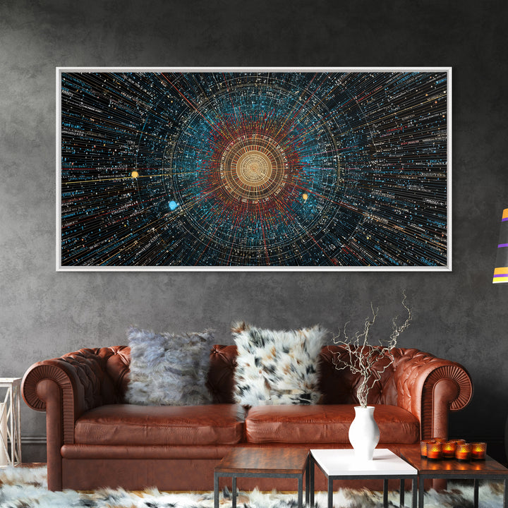 Golden Data Starburst Framed Canvas Print, Modern Abstract Art, Cosmic Geometric Wall Decor, Sci Fi Poster, Blue Orange Space Art