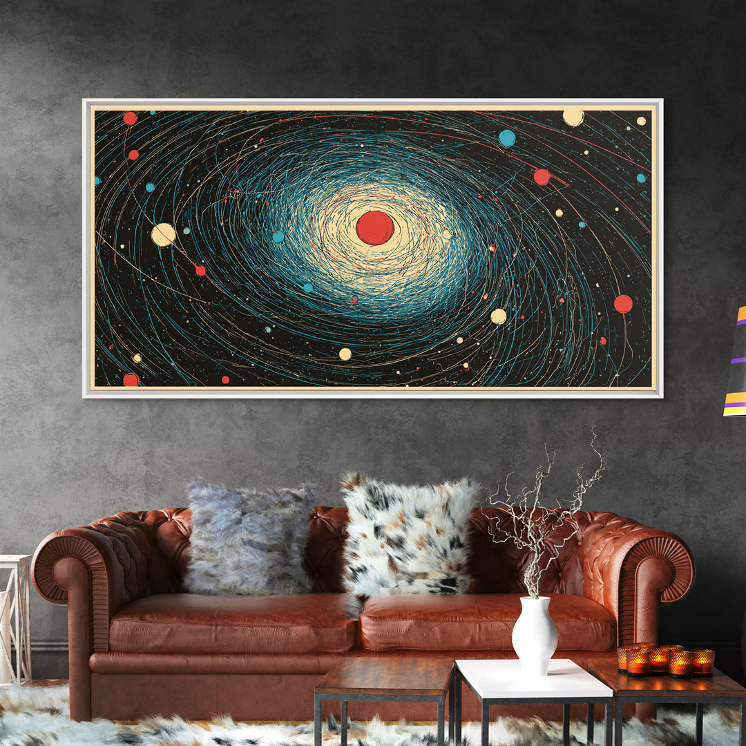 Cream Red Spiral Galaxy Canvas Print, Midcentury Modern Art, Retro Space Poster, Abstract Wall Decor, Atomic Planet Artwork