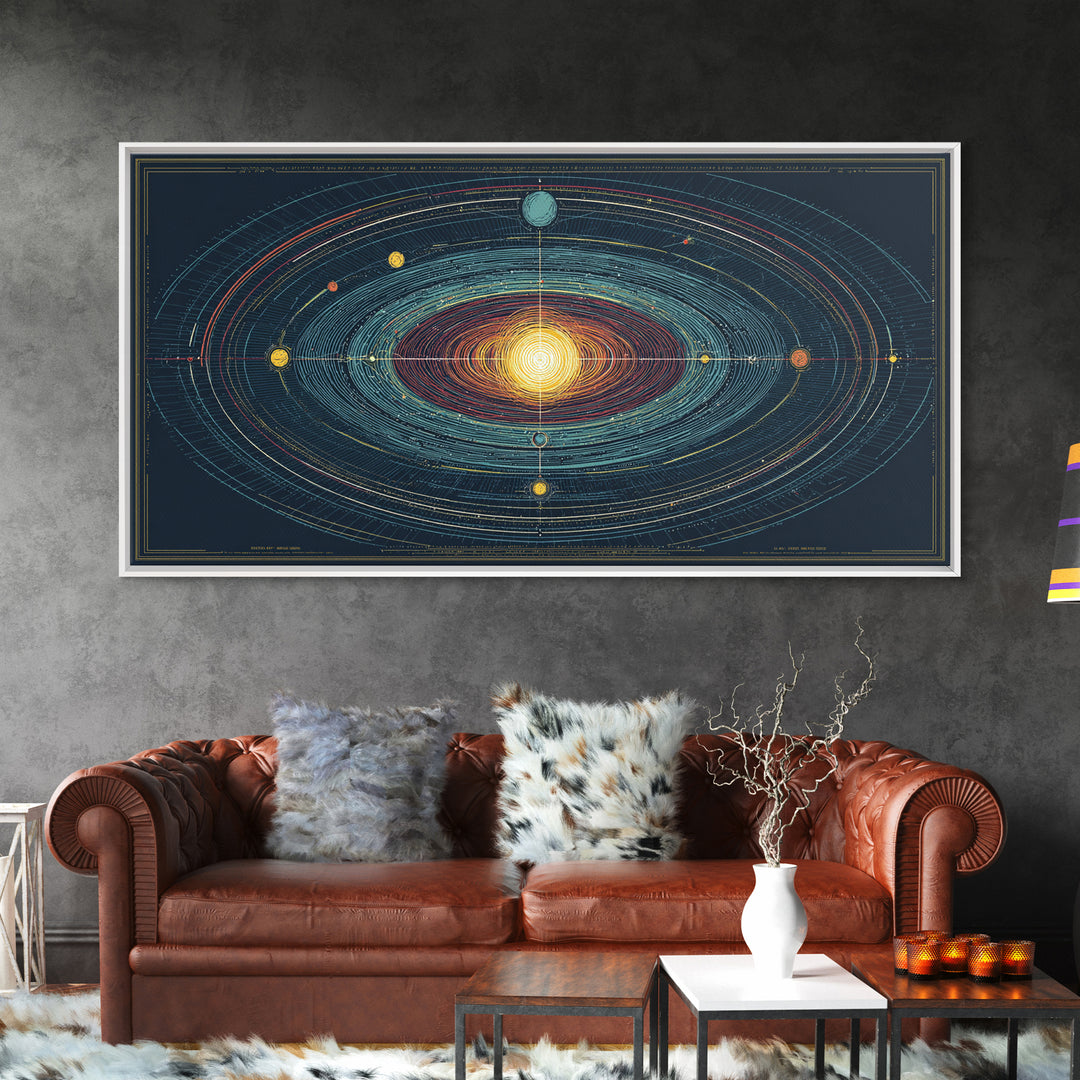Celestial Orbit Map Framed Canvas Print, Modern Abstract Art, Midcentury Wall Art, Space Poster, Geometric Home Office Decor