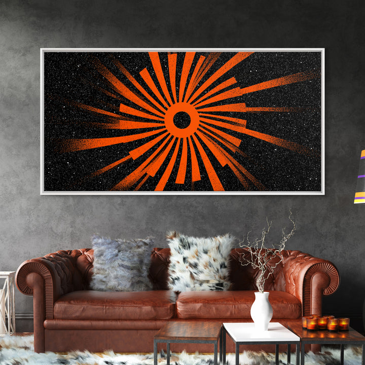 Orange Eclipse Sunburst Canvas Print, Retro Space Abstract Art, Midcentury Modern Wall Decor, Black Atomic Poster For Living Room