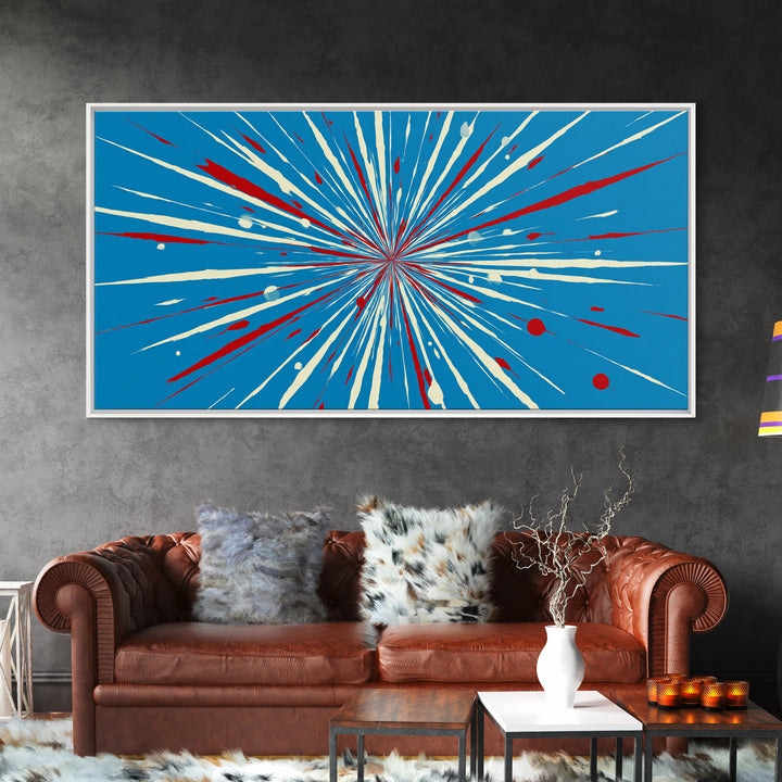 Blue Red Speed Burst Wall Art, Retro Sci Fi Star Lines, Modern Abstract Art Print, Bold Graphic Poster, Game Room Decor Gift
