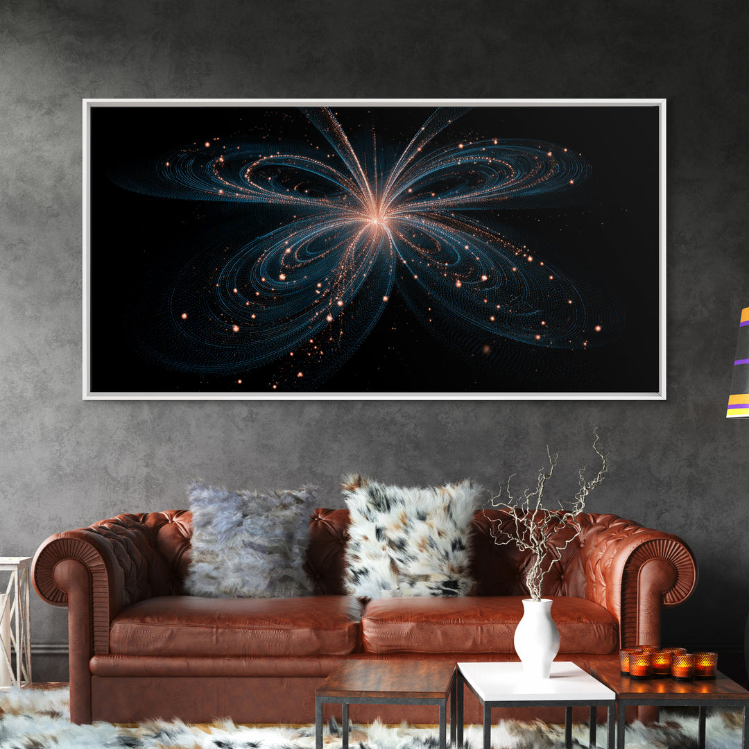 Orbital Butterfly Starfield Framed Canvas Print, Cosmic Particle Wall Art, Modern Abstract Art, Elegant Sci Fi Bedroom Decor
