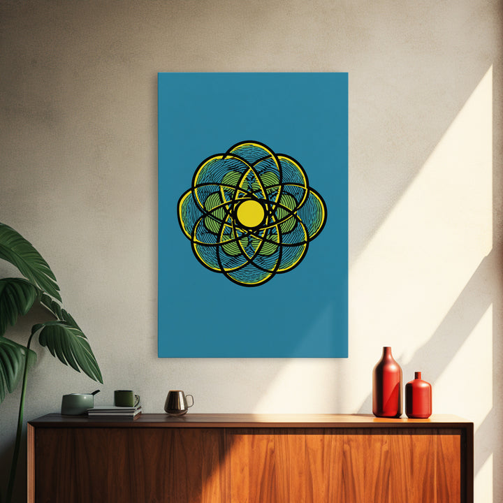 Colorful Atomic Flower Symbol On Blue Canvas Print, Midcentury Modern Wall Decor, Geometric Art Print, Retro Space Poster