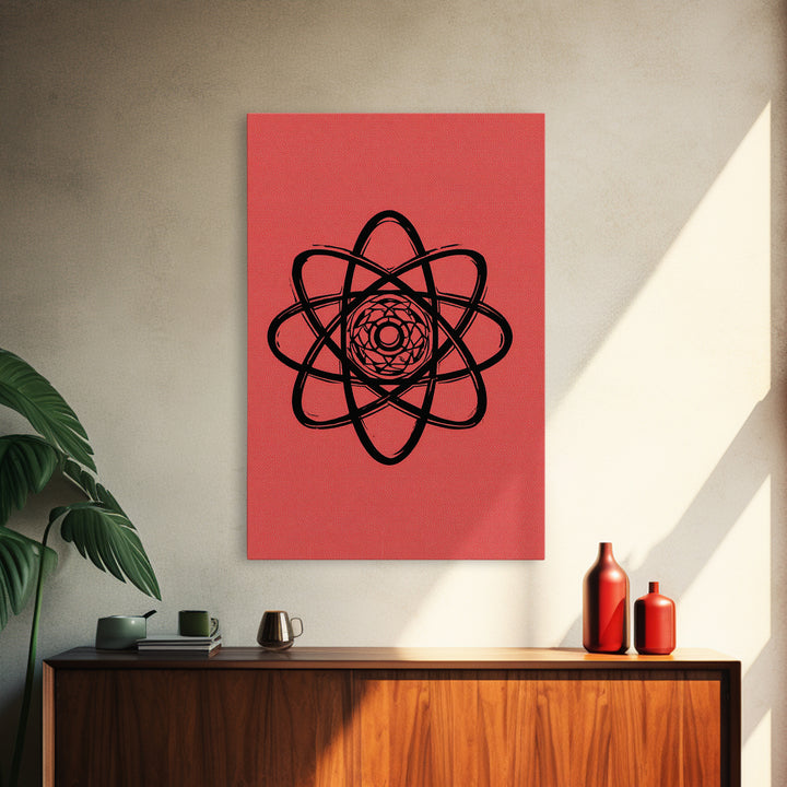 Black Atomic Symbol On Red Canvas Print, Midcentury Modern Wall Art, Retro Science Poster, Geometric MCM Home Decor, Atomic Art Print