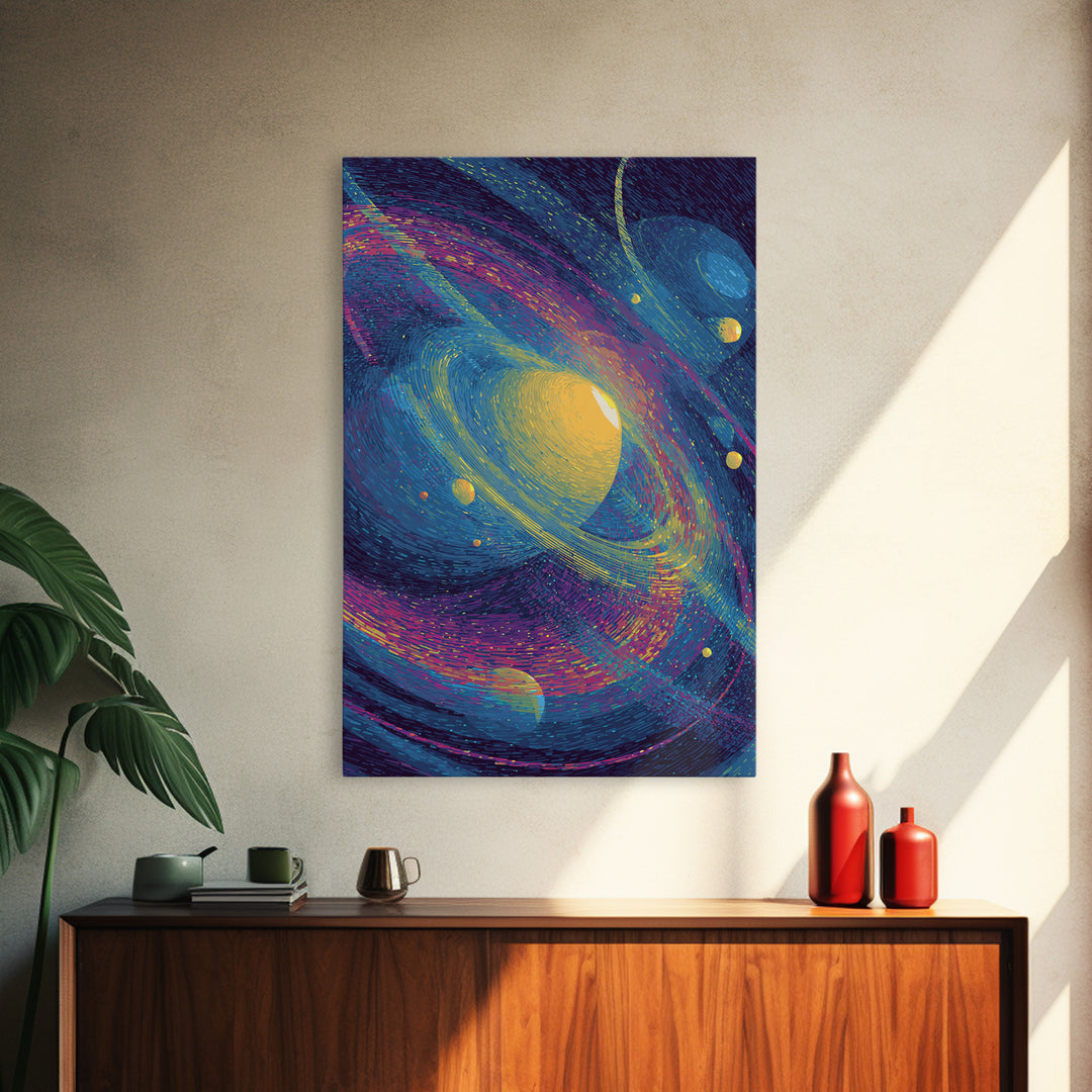 Vibrant Saturn Galaxy With Colorful Swirls Canvas Print, Cosmic Retro Wall Decor, Modern Abstract Art, Space Poster Gift