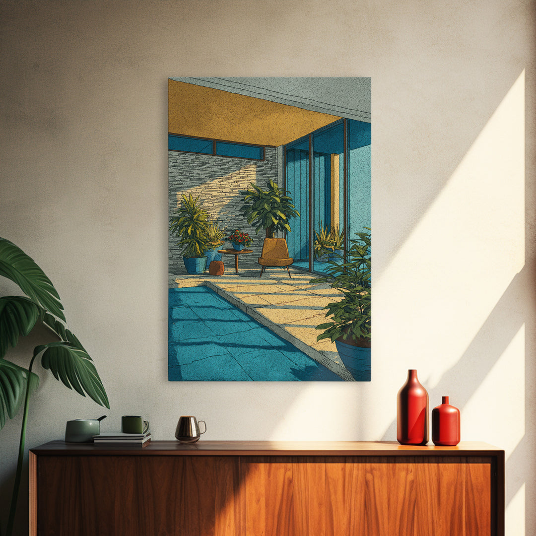 Sunlit Mid Century Patio Pool Framed Canvas Print, Modern Architecture Wall Art, Palm Springs Decor, MCM Home Office Decor