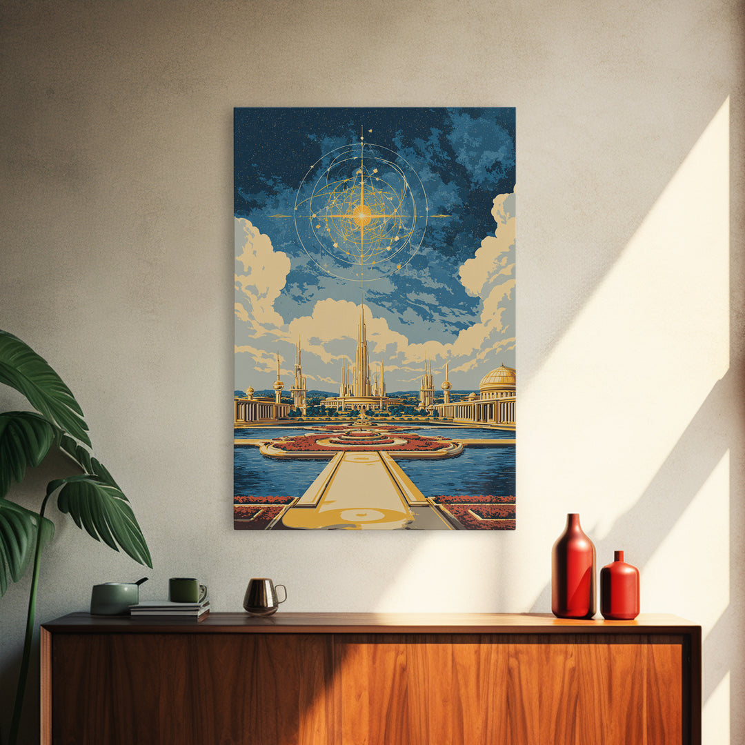Golden Celestial Palace And Star Map Wall Art, Mid Century Modern Sci Fi Poster, Futuristic City Decor, Cosmic Canvas Print